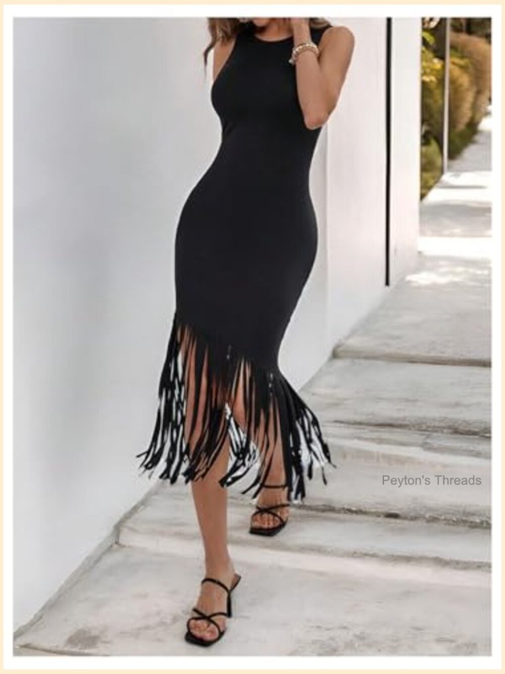 Fringe Bodycon Midi Dress Sleeveless Crew Neck Slim Fit Sundress - Picture 4 of 5
